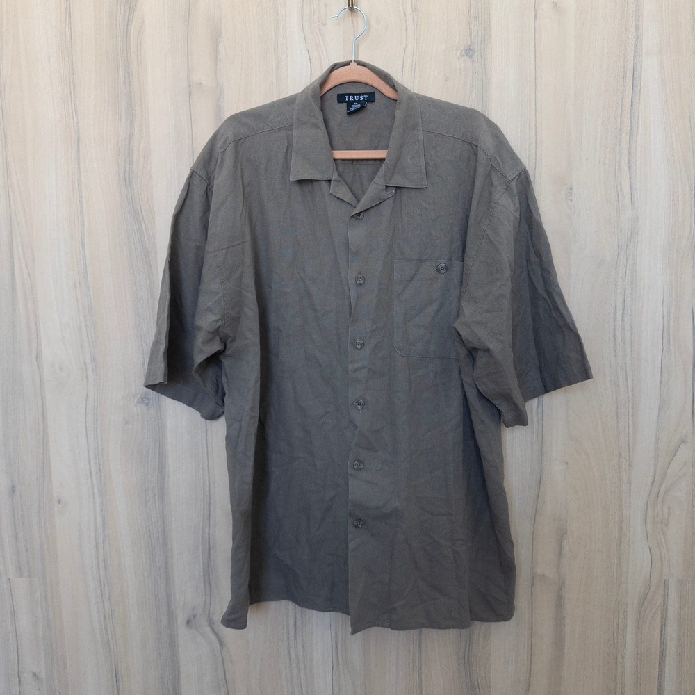 Trust Mens Linen Button Down Short Sleeve Shirt XXL Brown Coastal Summer Casual